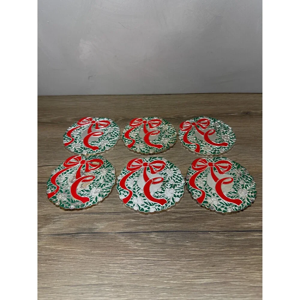 VTG Japan Silver Metal Green Enamel Wreath Red Bow Christmas Coasters Set of 6